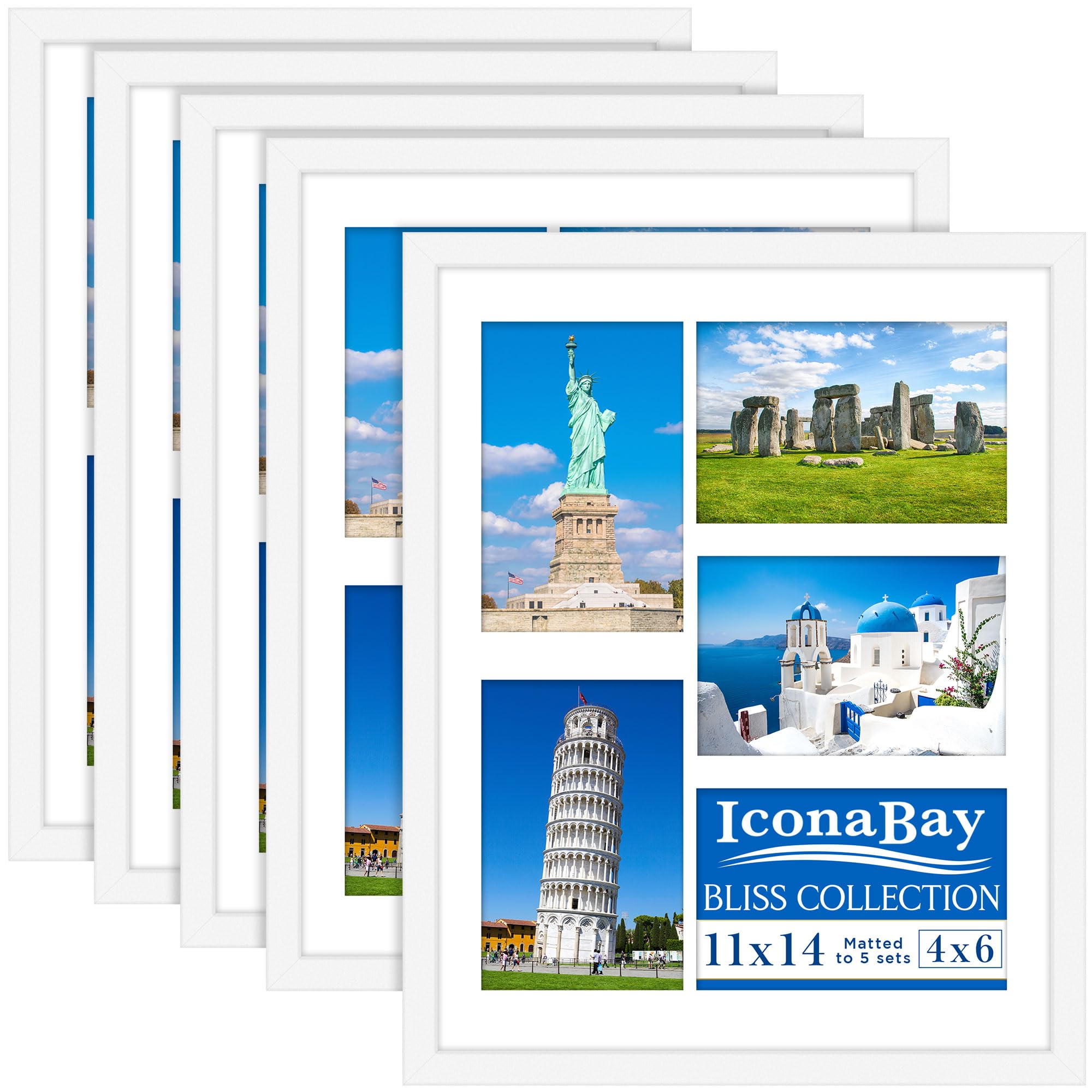 Icona Bay - 14x11 Collage Picture Frames with Removable Mat for Five 6x4 Photos - White, 5 Pack - Modern Style Wood Composite Frames - Wall Mount Only - Bliss Collection
