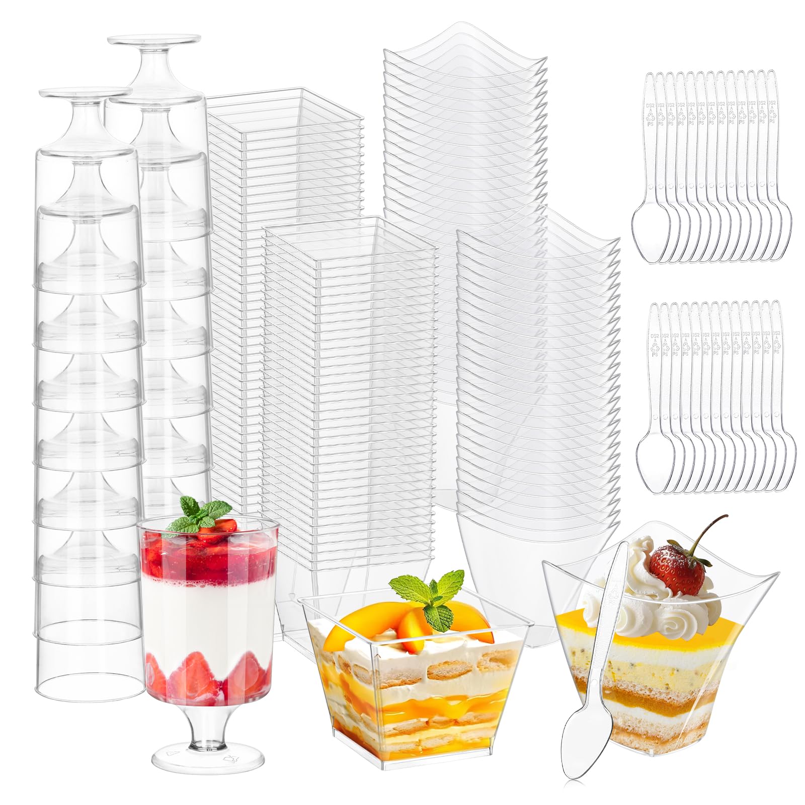 Photo 1 of tchrules 300 Packs 4oz Dessert Cups with Spoons, 3 Styles Mini Plastic Appetizer Cups, Clear Parfait Cup for Party, Cake Cups for Tiramisu, Pudding, Snacks, Yogurt, Fruits, Mousse