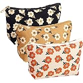 Photect 3 Pcs Floral Makeup Bag for Purse Small Cosmetic Bag Corduroy Canvas Pouch Mini Toiletry Zipper Travel Pouch for Women Gifts for Christmas Teachers Organizer Storage Accessories(Cute)