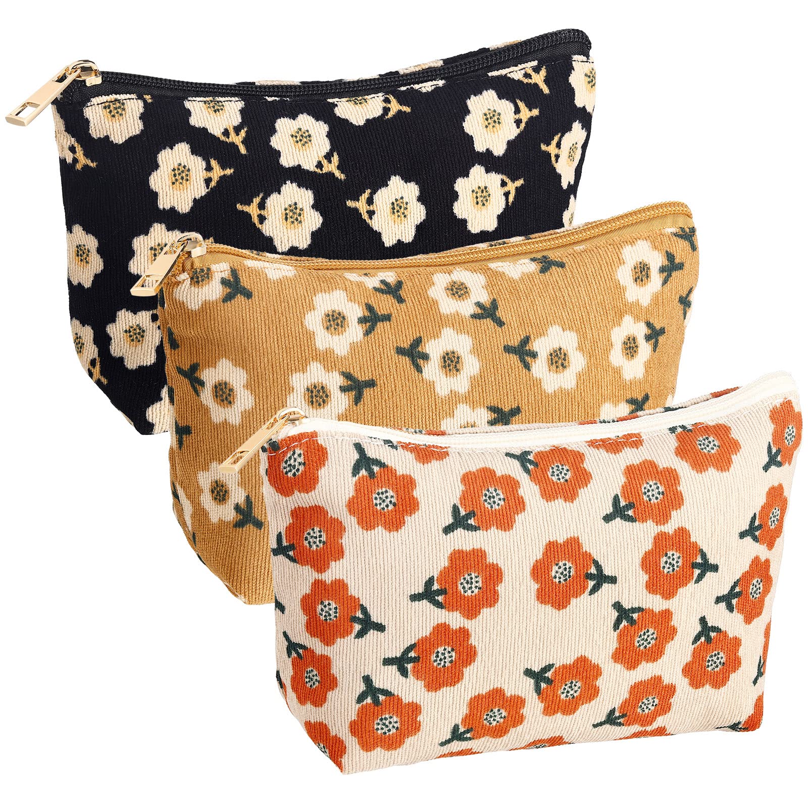 Photect 3 Set Floral Makeup Bag for Purse Corduroy Canvas Pouch Small Cosmetic Bag for Women Mini Toiletry Zipper Travel Organizer Pencil Case Makeup Brushes for Graduation Teachers Gifts(Cute)