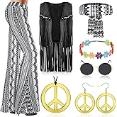 Mukum 8 PCS 60s Women Hippie Costume, 70s Hippie Outfits with Tops and Flared Pants Glasses Necklace Set for Christmas
