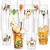 QZYL 50 Pcs Plastic Christmas Cups, 14 Oz Christmas Cups Disposable Xmas Decorations,Santa Reindeer Snow Drinkware for Beer, Coffee and Wine, Clear Drinking Cup for Winter Holiday Xmas Party Supplies