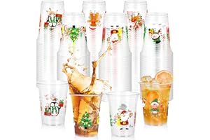 QZYL 50 Pcs Plastic Christmas Cups, 14 Oz Christmas Cups Disposable Xmas Decorations,Santa Reindeer Snow Drinkware for Beer, Coffee and Wine, Clear Drinking Cup for Winter Holiday Xmas Party Supplies