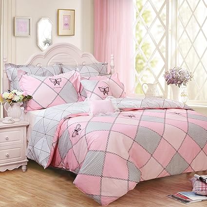 Brandream Girls Bedding Sets Full Size Plaid Butterfly Kids Duvet Cover Set Pink Grey Reversible Zipit Bedding 100 Cotton 3pcs 1 Duvet Cover 2