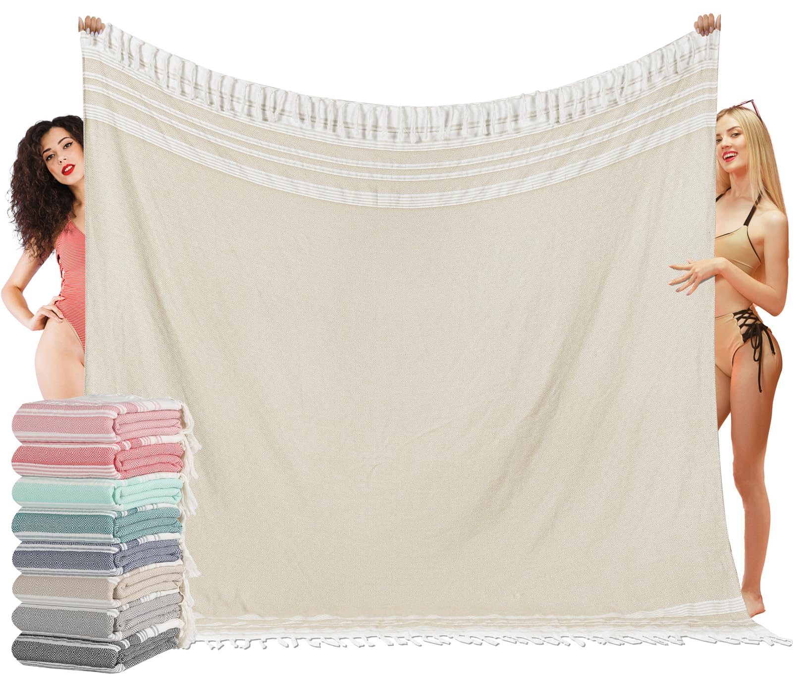 Photo 1 of Oversized Turkish Beach Towel Blanket XXL Cotton Sandproof Towels Boho Woven Extra Large Big Sand Free Giant Throw Thick Blankets Huge Quilt XL Picnic Camping Necessities Cloud For Adult Gifts Beige