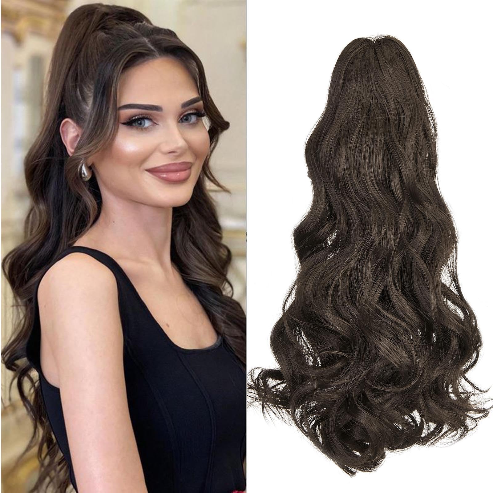Cybelleza Ponytail Extension Curly Wavy Claw Jaw Pony Tail 18" One Piece Clip in Hair Extensions Ponytail Hairpiece Synthetic Long Natural for Women, Medium Brown — image 1