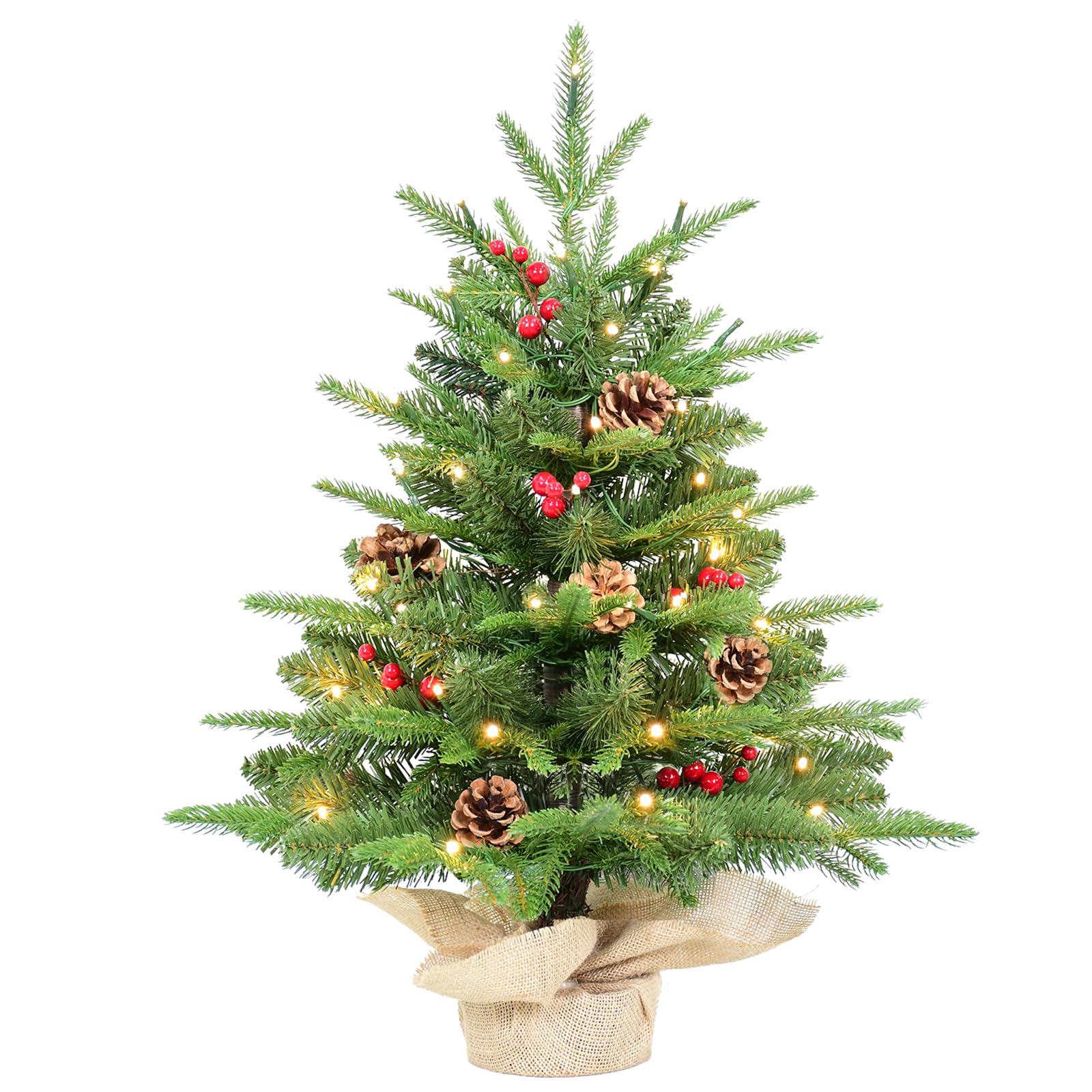 Photo 1 of 2ft Table Top Christmas Tree Prelit,Mini Artificial Christmas Tree with 50 Lights(8 Modes)&177 Tips&5 Berries& 5 Pinecones,Small Tabletop Xmas Tree with Burlap Base for Christmas Table Décor