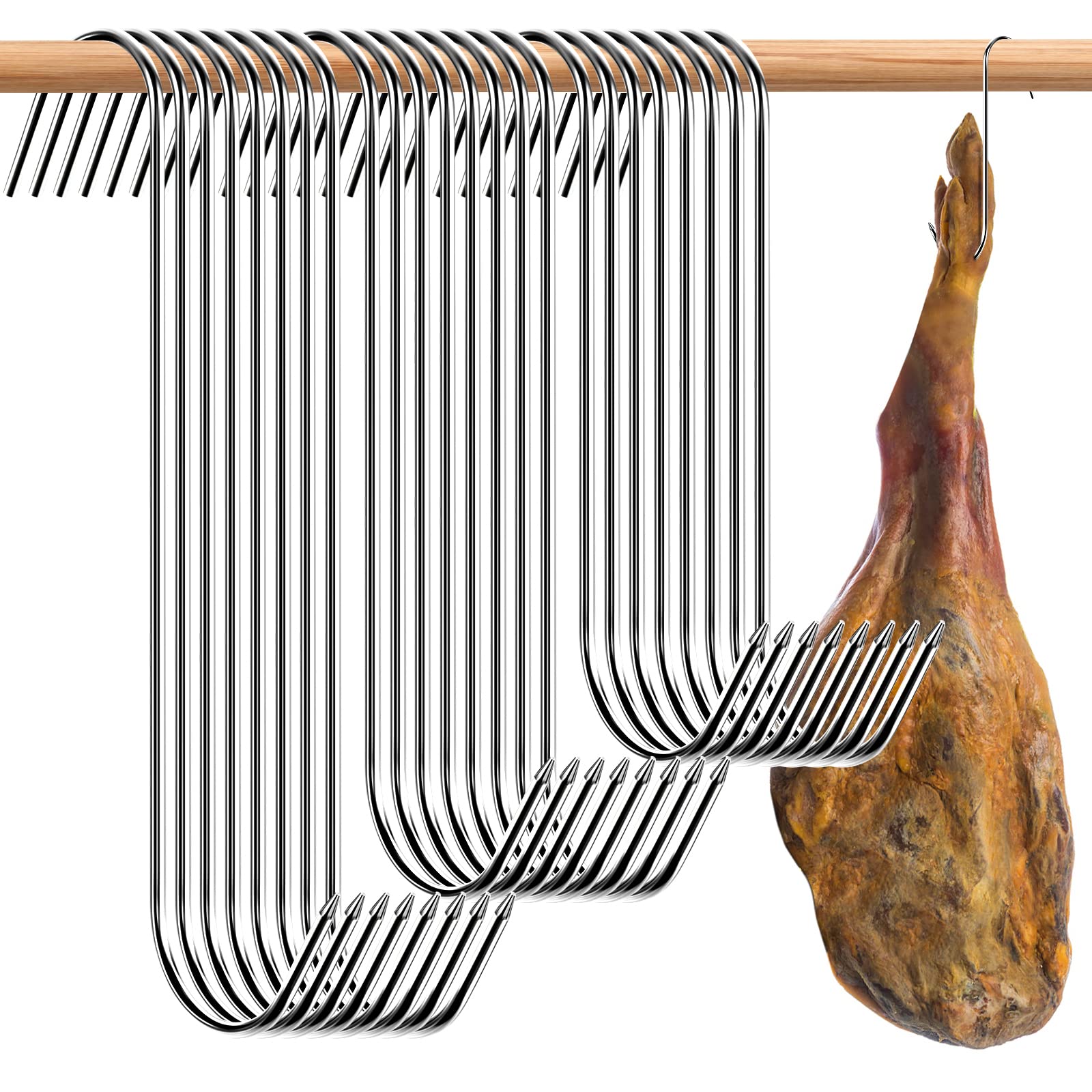 dafuhao 30 Pcs S-Shaped Meat Hooks, 13/15/18cm Butcher Hooks, Heavy Duty Processing Stainless Steel Smoking Hooks for Kitchen Hanging Bacon Hams Roast Duck Meat Cooking BBQ Grill