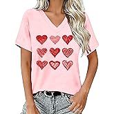 FlowFem Valentines Shirts for Women Valentines Day V-Neck T-Shirt Heart Tee Tops