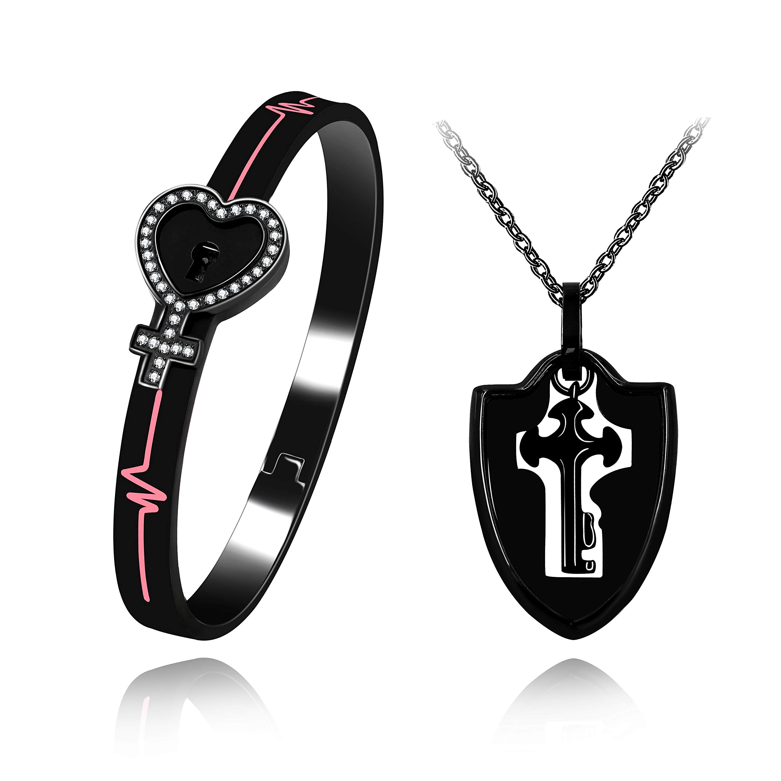 Uloveido Stainless Steel Key Necklace and Lock Bracelet for Men Women Y1481 (Black)