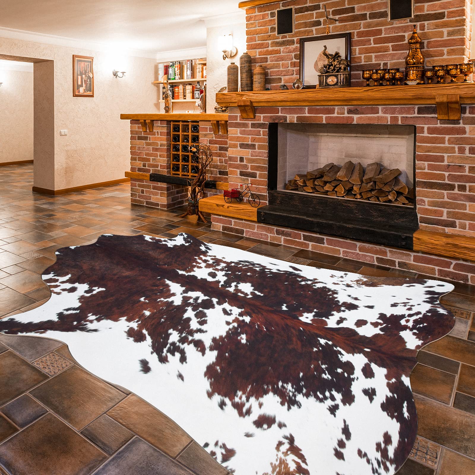Photo 1 of Guyi Rare Cowhide Rug 4.6x5.2 ft Cow Rug Rustic Chic Western Rugs for Bedroom Living Room Dining Room Brown Animal Rugs Cow Print Non Slip Cow Area Rugs