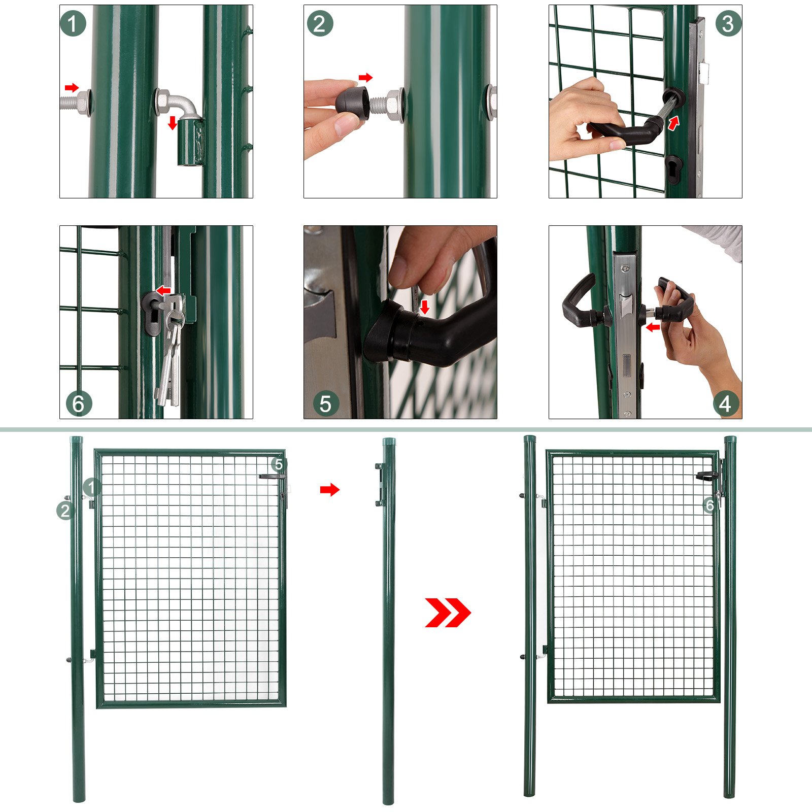 SONGMICS Gartentor, Gartentür, verzinkter Stahl, robust und langlebig, abschließbar, rundes Rohr, Tür 87 x 90 cm, 106 x 90 cm (B x H), grün GGD150G 6