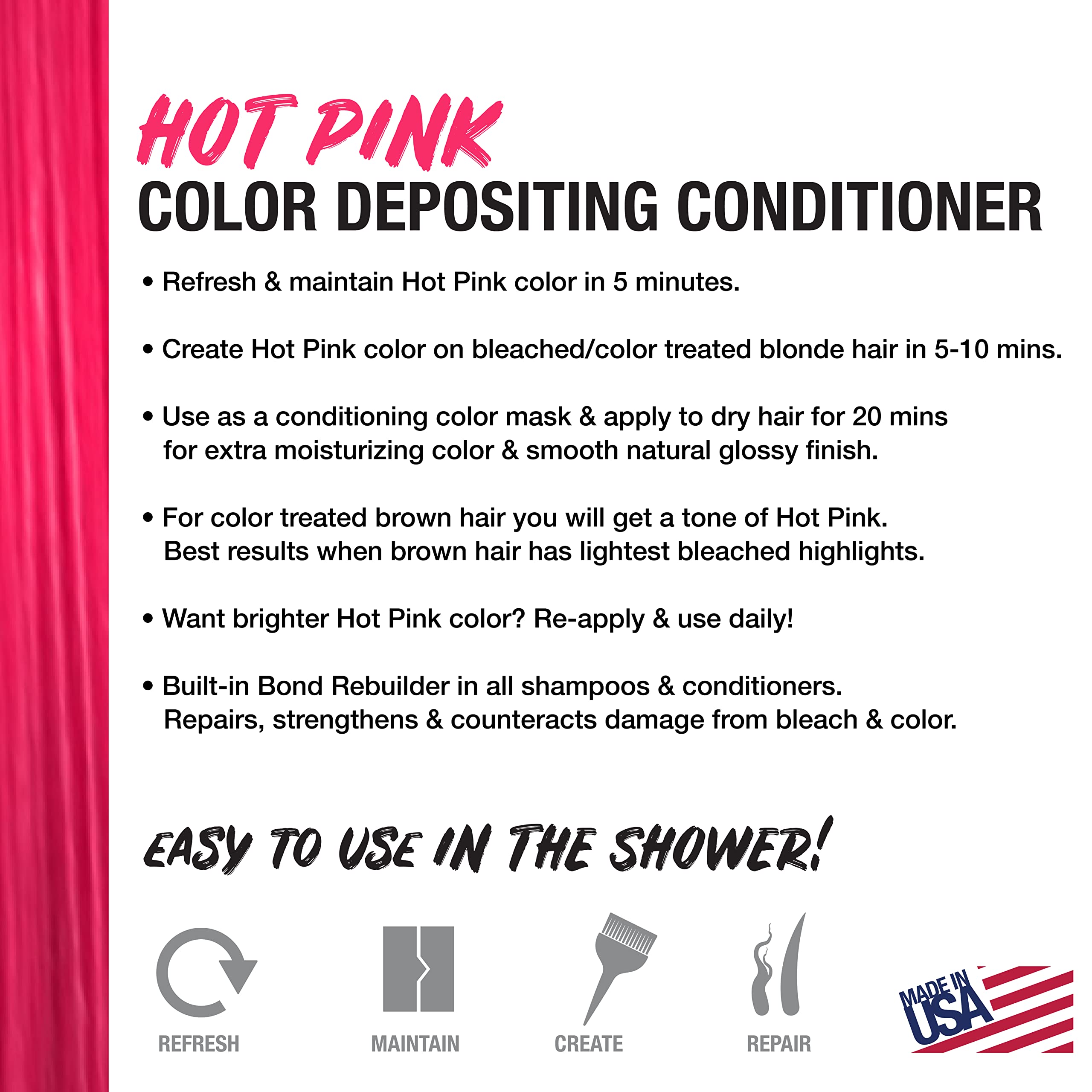 NO FADE FRESH Hot Pink Depositing Shampoo + Conditioner + BondHeal Bond Rebuilder Bundle - Enhance Bright Temporary Color, Prevent Fading, and Restore Hair Health