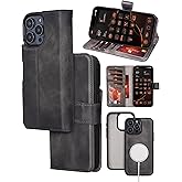 Bayelon Wallet Case for iPhone 16 Pro Max 6.9", Full Grain Leather Wallet Case, Detachable Magnetic Flip Cover, Card Holder, MagSafe Compatible, RFID Blocking Genuine Leather Phone Case (Smoked Black)