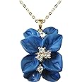 Navachi 18k Gold Plated Clear Crystal Enamel Leaves Flower Pendant Necklace 16"+2"