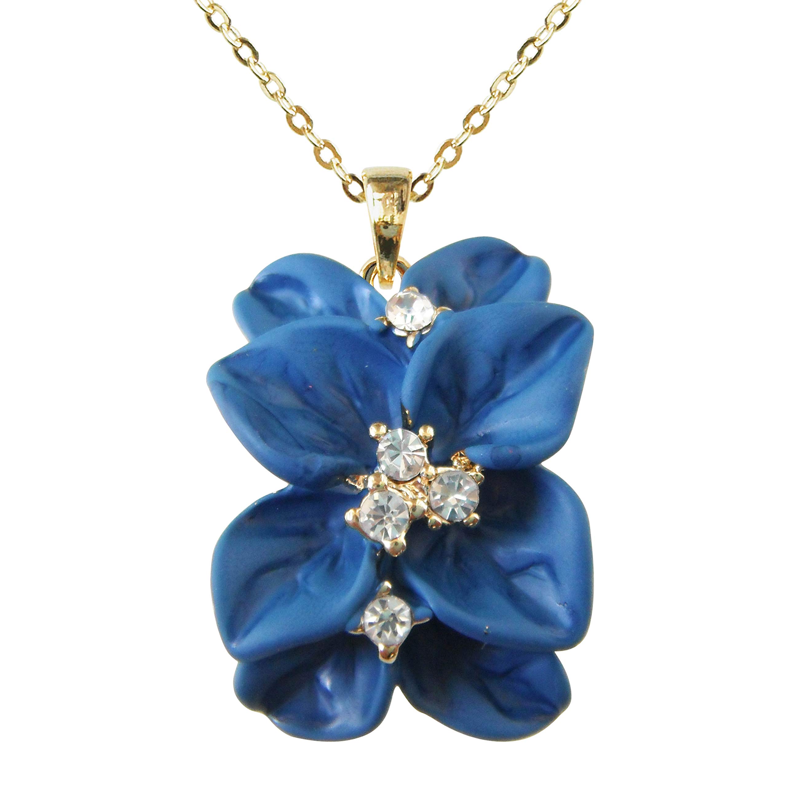 Navachi 18k Gold Plated Clear Crystal Blue Enamel Leaves Flower Az6078p Pendant Necklace 16"+2"