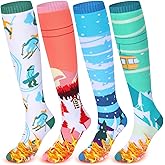 Mepase 4 Pairs Women's Funny Ski Socks Thermal Cushion Over the Calf Ski Snow House Printing Socks Winter Warm Thick High Knee Skiing Cycling Camping Hunting Accessories