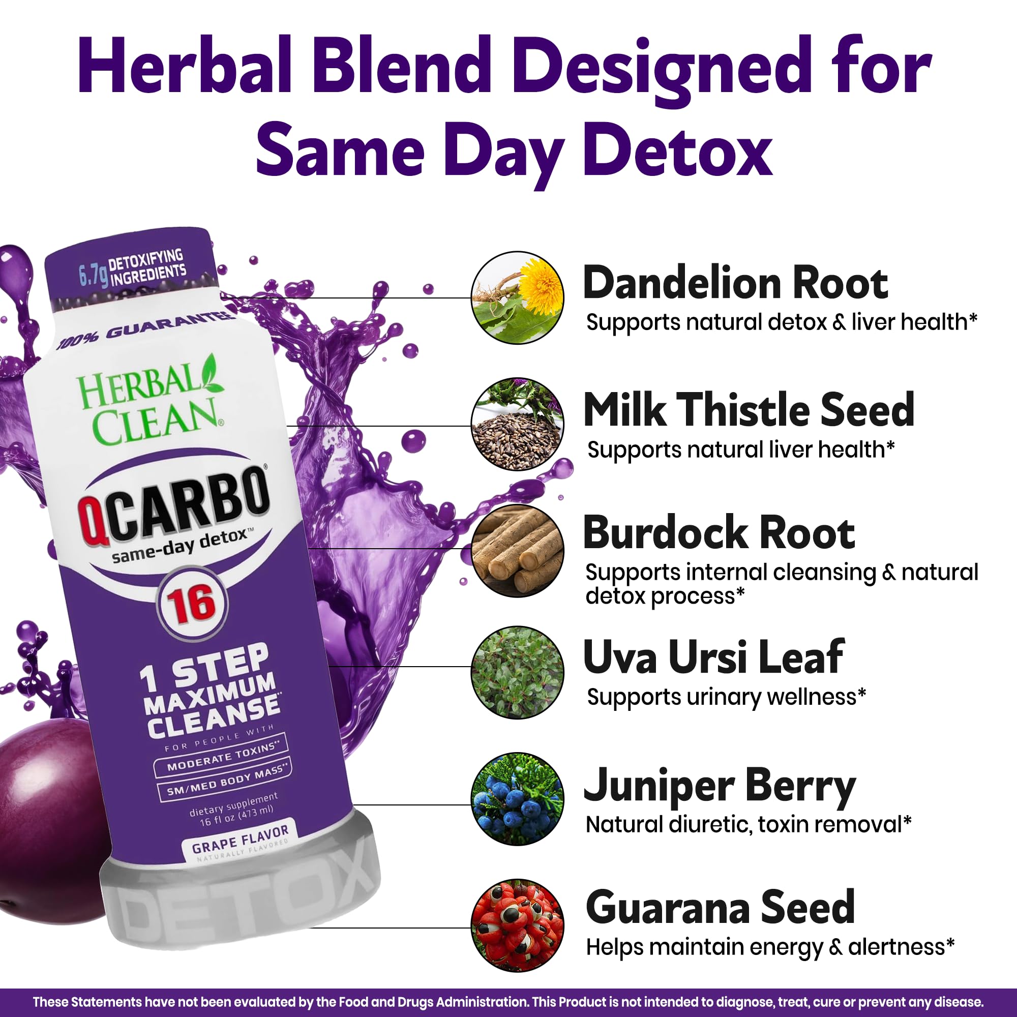 Herbal Clean Qcarbo16 Same-Day Detox Cleanse Drink (16 fl oz) - Grape Flavor Full Body Cleanse* Detox Drink for Moderate Toxin Level*, Vitamin B2 and Vitamin B12 for Men & Women