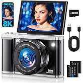8K Digital Camera for Photography with WiFi 96MP Autofocus Vlogging Camera for YouTube Video 3.5'' 180&deg;Flip Screen 20X Zoom Anti-Shake Compact Point and Shoot Cameras for Beginner Creator with SD Card