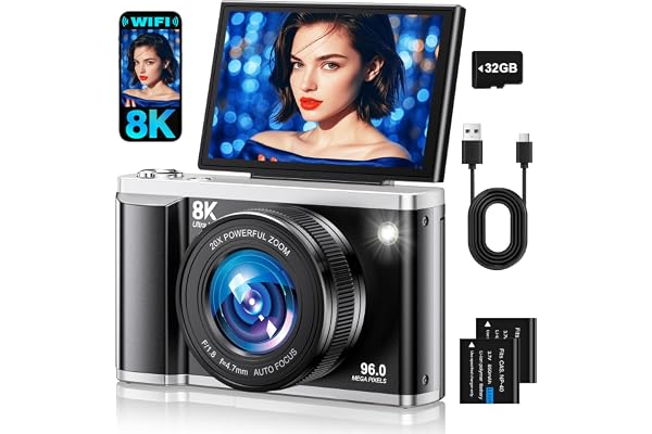 8K Digital Camera for Photography with WiFi 96MP Autofocus Vlogging Camera for YouTube Video 3.5'' 180°Flip Screen 20X Zoom Anti-Shake Compact Point and Shoot Cameras for Beginner Creator with SD Card