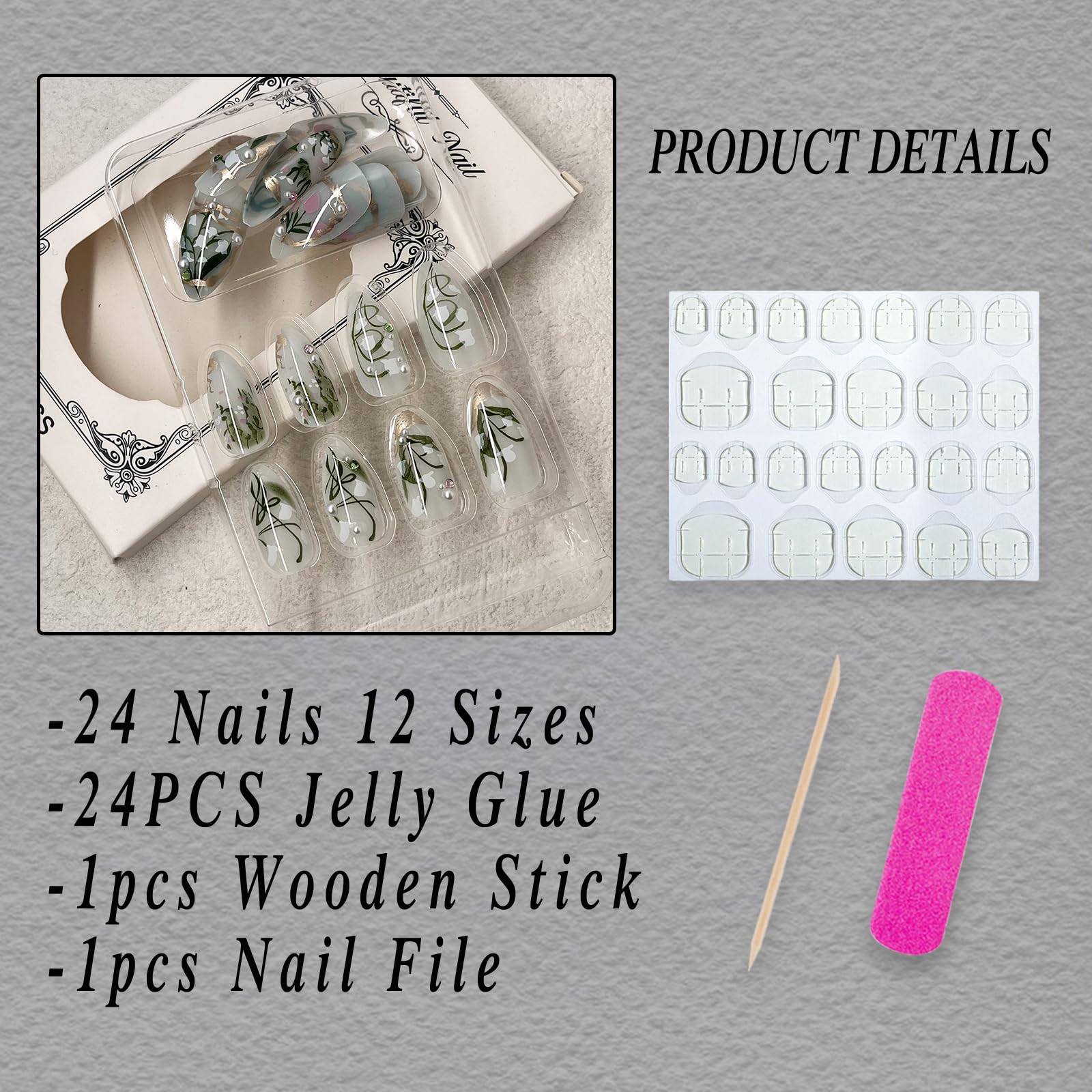 ROFIBUT Green Flower Press on Nails Medium Almond Fake Nails with 3D Pearl Rhinestones Designs Glossy Gold French Tips Bow False Acrylic Nails White Floral Full Cover Stick on Nails for Women 24Pcs - Image 2