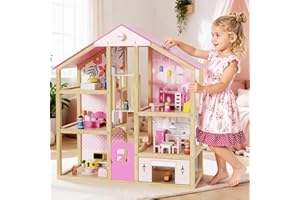 BIERUM Wooden Dollhouse for Girls, Large Pink Wooden Doll House with 39 Furniture Accessories, Elevator & Garage, 5 Rooms Modern Dollhouse for Toddlers, Pretend Play Toy Gift for Kids (Pink)