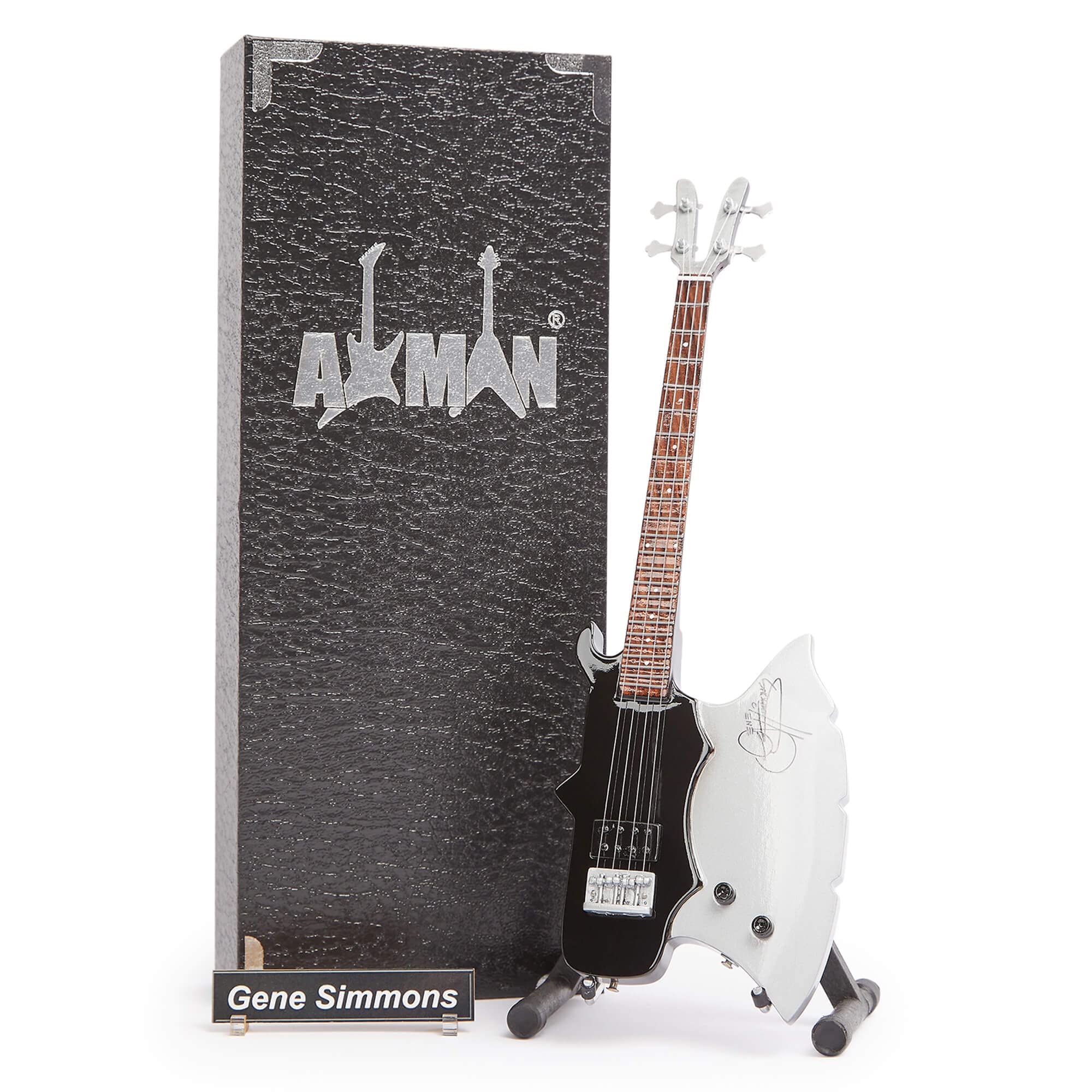 Axman Gene Simmons (Kiss) Axe Bass Miniature Guitar Replica, Music Gifts, Handmade Ornamental 1/4 Scale, Display Box, Name Tag and Miniature Guitar Stand Included, gifts for music lovers