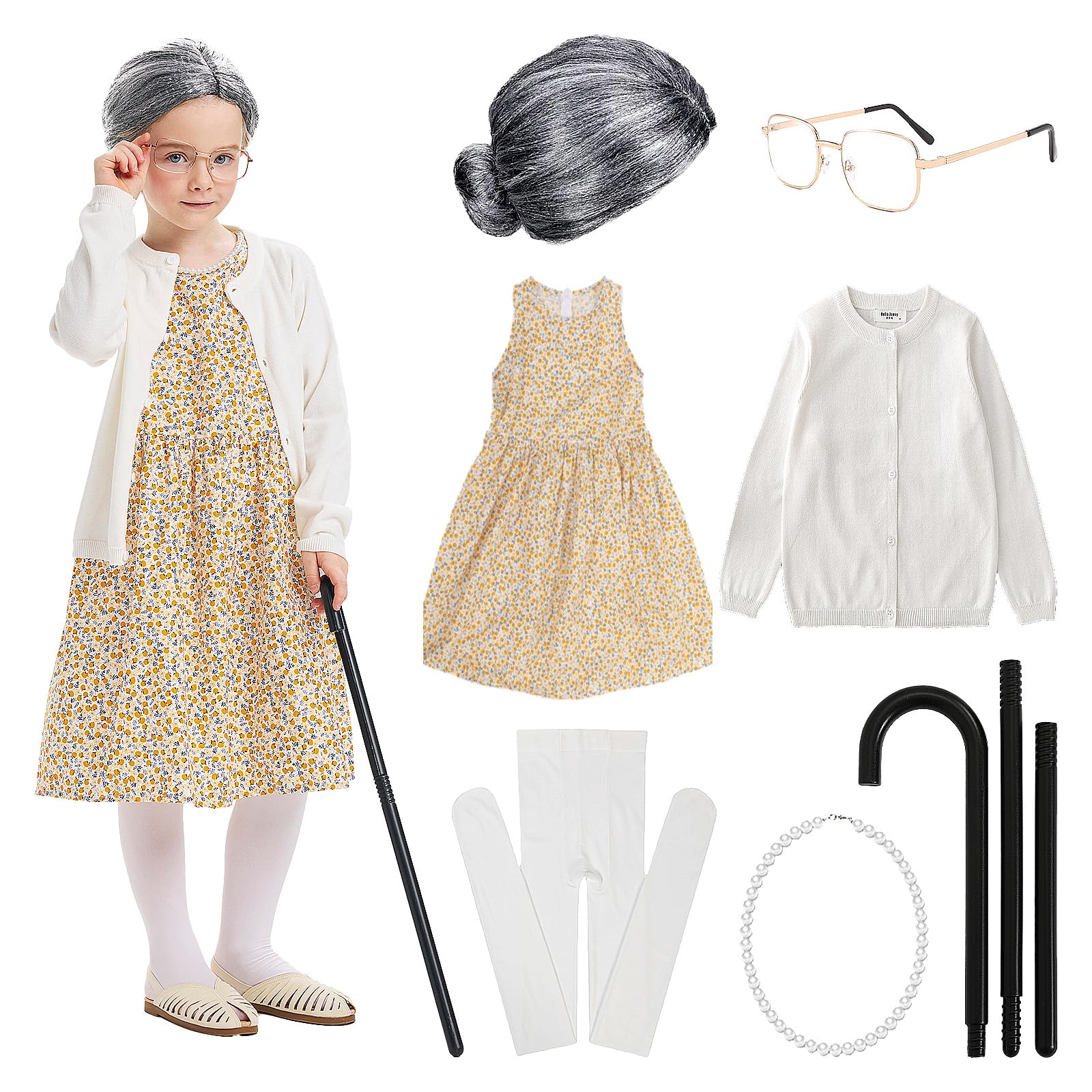 JoyFuncos Granny Costume Kids Old Lady Fancy Dress Outfit Grandma Wig Dress Glasses Necklace Girls Cosplay for Halloween 100 Days of School World Book Day (Yellow, 120)