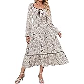 ZAFUL Women's 2025 Long Sleeve Square Neck Fall Boho Floral Midi Dress High Waist Flowy A Line Tiered Wedding Guest Dresses White Brown Small