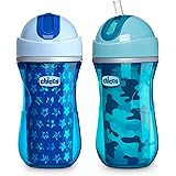 Chicco Insulated Flip-Top Straw Spill Free Baby Sippy Cup, 12 Months+, Blue/Teal, 9 Ounce (Pack of 2)