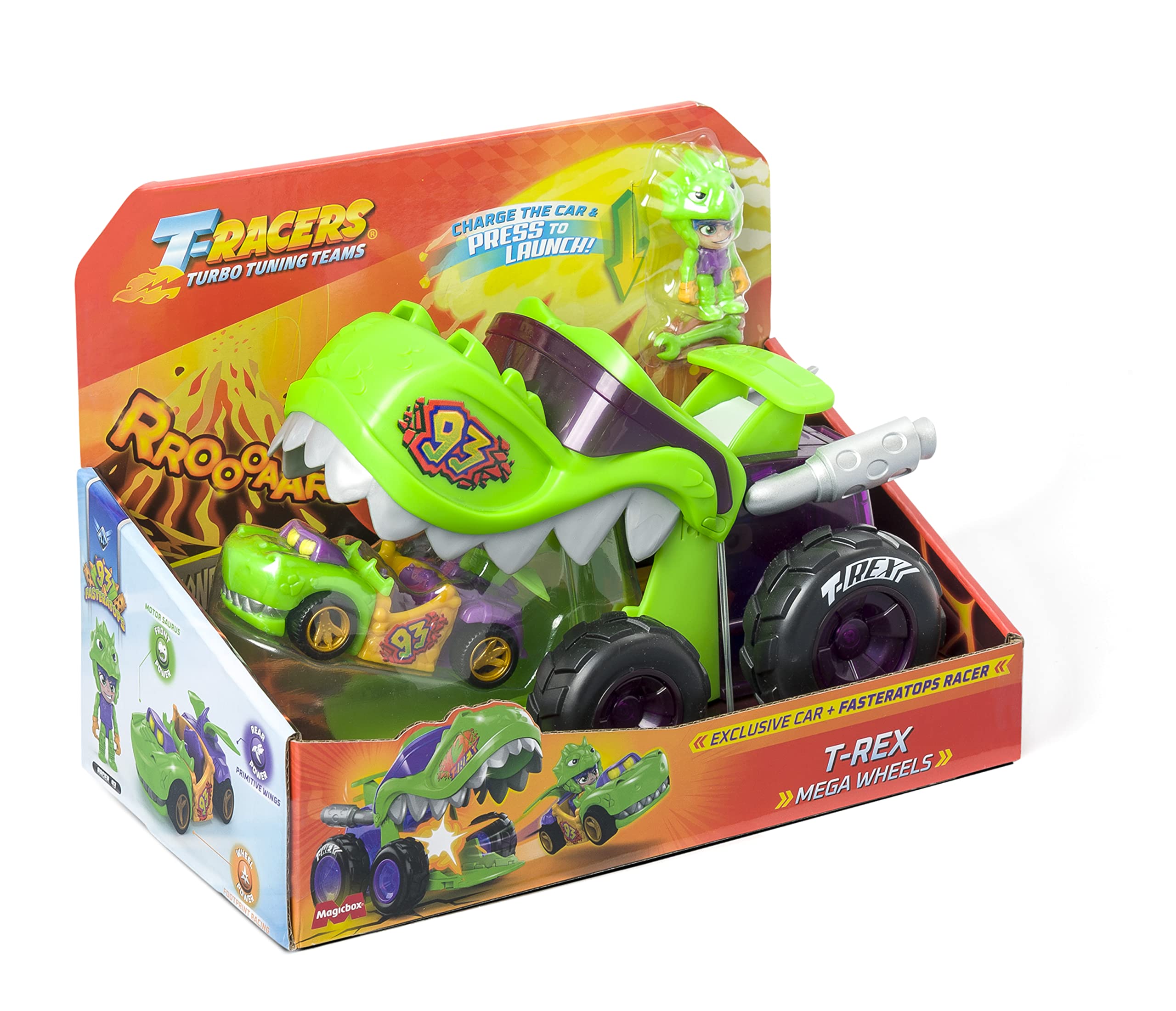 T-RACERS Mega Wheels T-Rex – Vehicle launcher with 1 exclusive driver and 1 exclusive vehicle. Compatible with other T-Racer cars