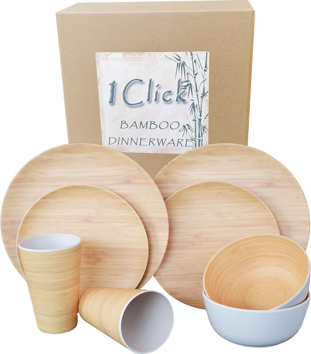 1 Click Bamboo Fiber Reusable Dinnerware Set,8 Pieces for 2 Guests, Dishwasher Safe, Great choice for Events, Parties, Picnic and Home Use.