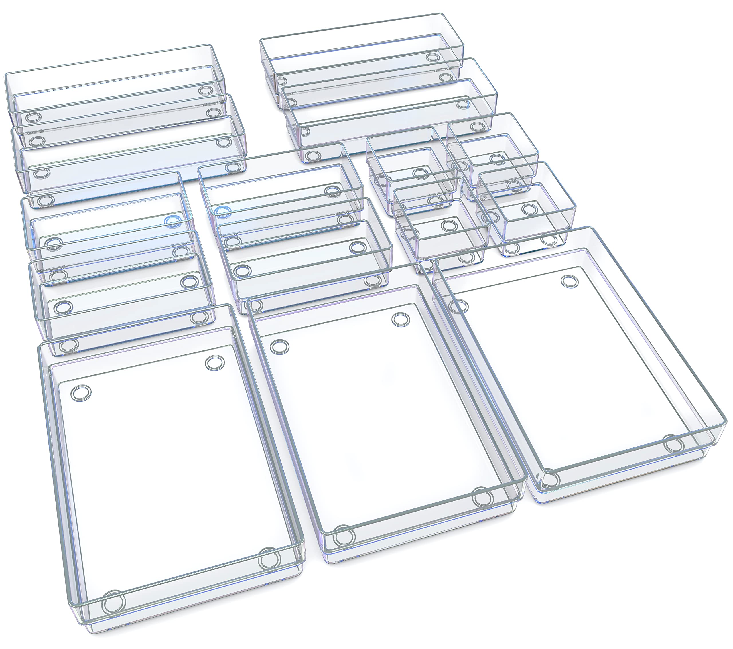 Unique Impression Set of 15 Drawer Organiser Trays – Clear Drawer Dividers For Make-up - Organiser for Bedroom, Bathroom, Office, Kitchen - Drawer Organisers For Cosmetics, Stationery