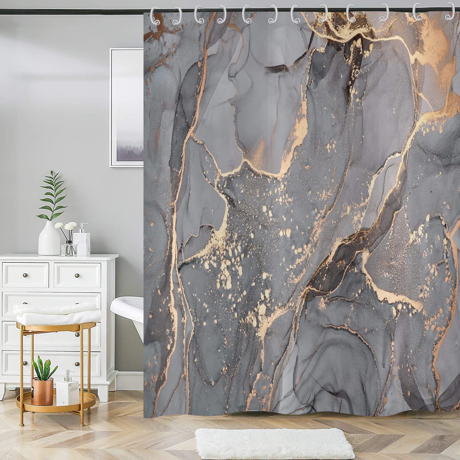 ASDCXZ Shower Curtain Marble 180x220 cm, Modern Abstract Grey Gold Black Marble Optic Texture Washable Bath Shower Curtains Polyester Textile Waterproof Shower Curtain for Bathtub with 12 Hooks