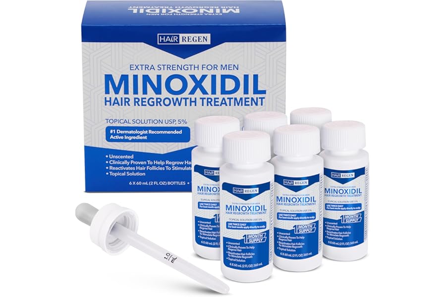 Hair Regen Liquid Minoxidil Men 5% Percent – Extra Strength Advanced Topical Solution for Regrowth Serum Drops – Clinically Proven Growth Treatment for Hims Hair Loss 6 Pack as 6 Months Supply Kit