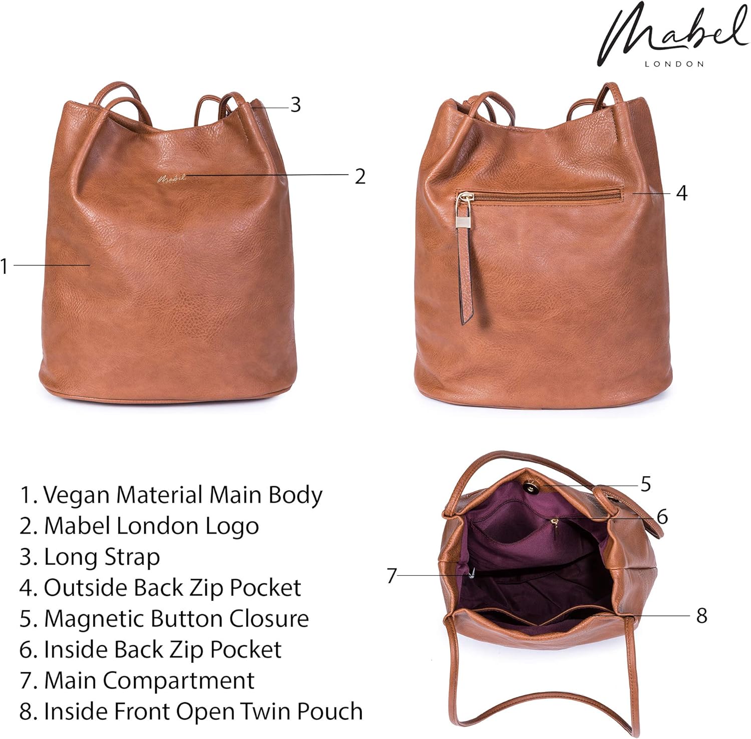 Mabel London Women's Fashion Designer Medium Size Plain Soft Vegan Leather Hobo Bucket Tote Shoulder Bag - Delilah (Light Grey) - Image 4