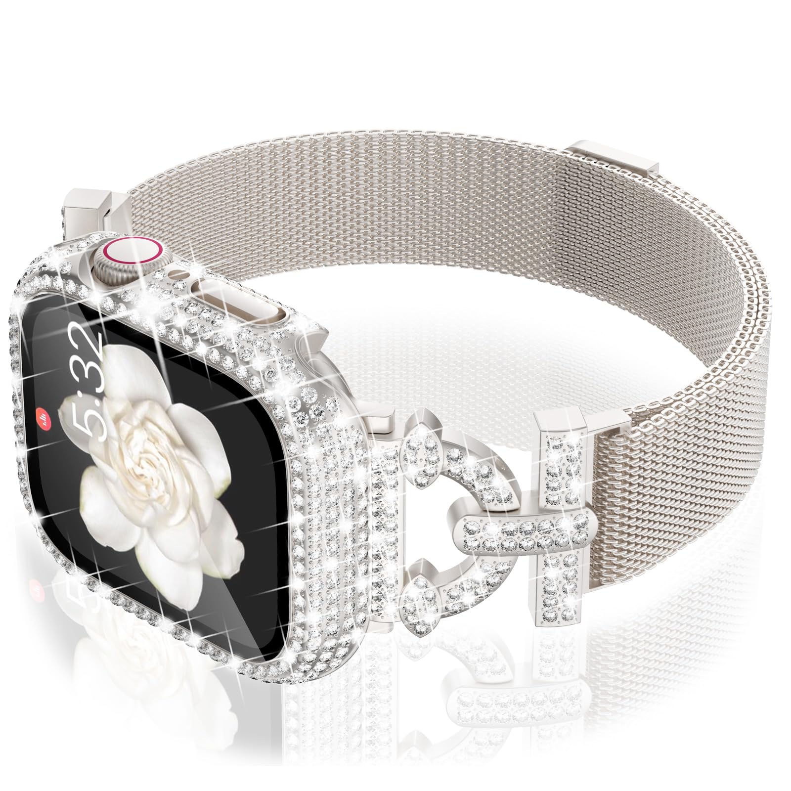 WINGLE Milanese Loop for Apple Watch Bands 42mm Series 3 2 1 Women Slim Magnetic Metal Mesh Band with Bling Glitter Case Screen Protector Dressy Apple Watch Band iWatch Strap for Woman, Starlight