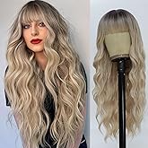 QYDEERY Long Ombre Blonde Wig with Bangs for Women Dirty Blonde Wavy Wigs with Dark Root Curly Synthetic Wig Natural Looking Hair Heat Resistant Wigs for Daily Party Use 26 Inches