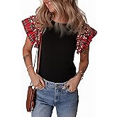KevaMolly Womens Halloween Christmas T Shirts Plaid Pearl Ruffle Short Sleeve Loose T Shirt Casual Tunic Tops