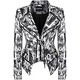 chouyatou Women's Fashion Snake Pattern Print Studded Moto Pu Leather Biker Jacket