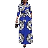 Runwind Women Church Maxi Dresses 3/4 Sleeve Button Down Print Casual Office Dress African