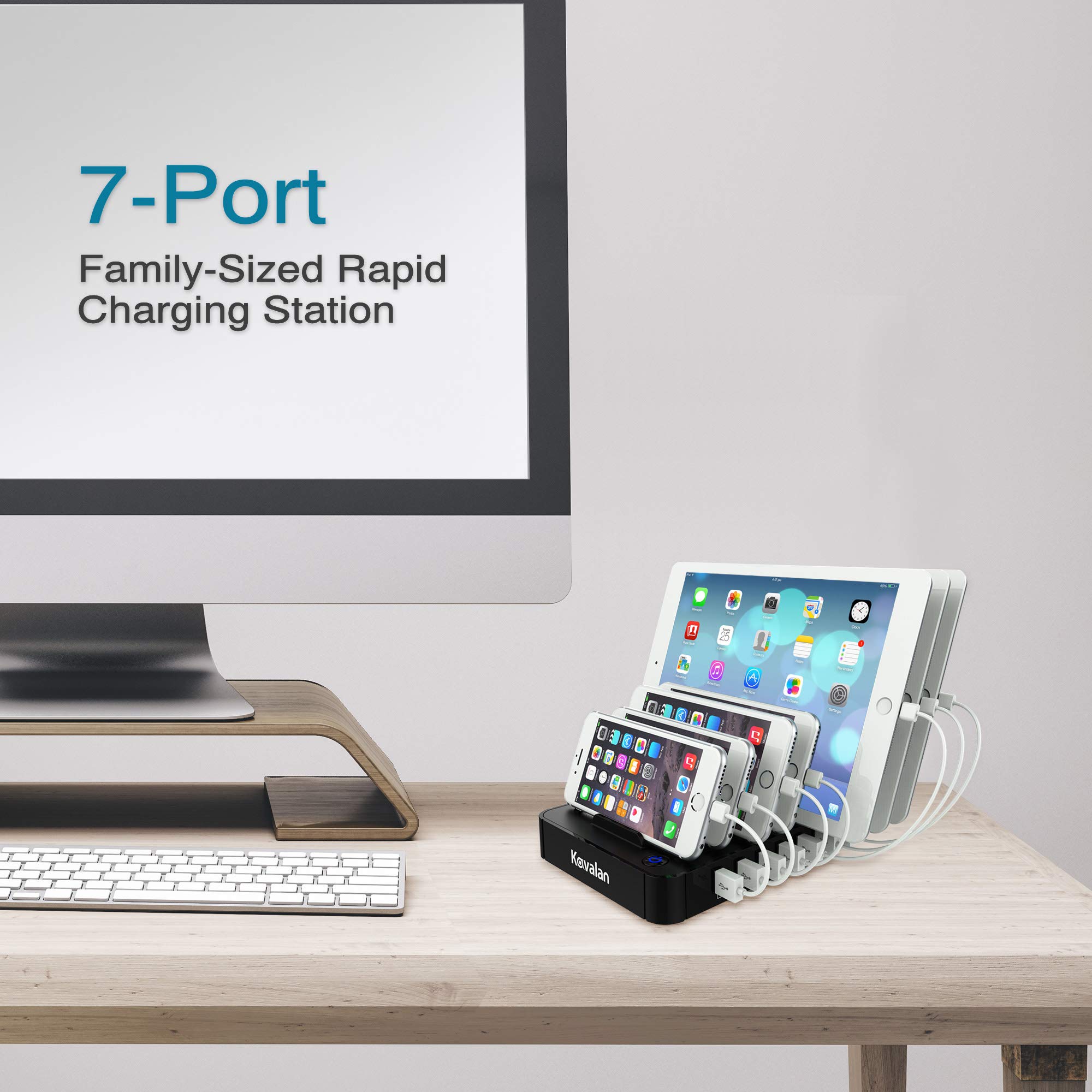 Kavalan 7 Port USB Charging Station Dock & Organizer with 2 Fast Charging Port, Universal Desktop Tablet & Smartphone Multi-Device Charger Hub with Smart Rapid Charging Ports_5 Cables Included