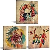Visual Art Decor Skull Canvas Wall Art Sugar Skull Painting Wall Decor Framed Artwork Halloween Decor, 12x12inchx3Pieces