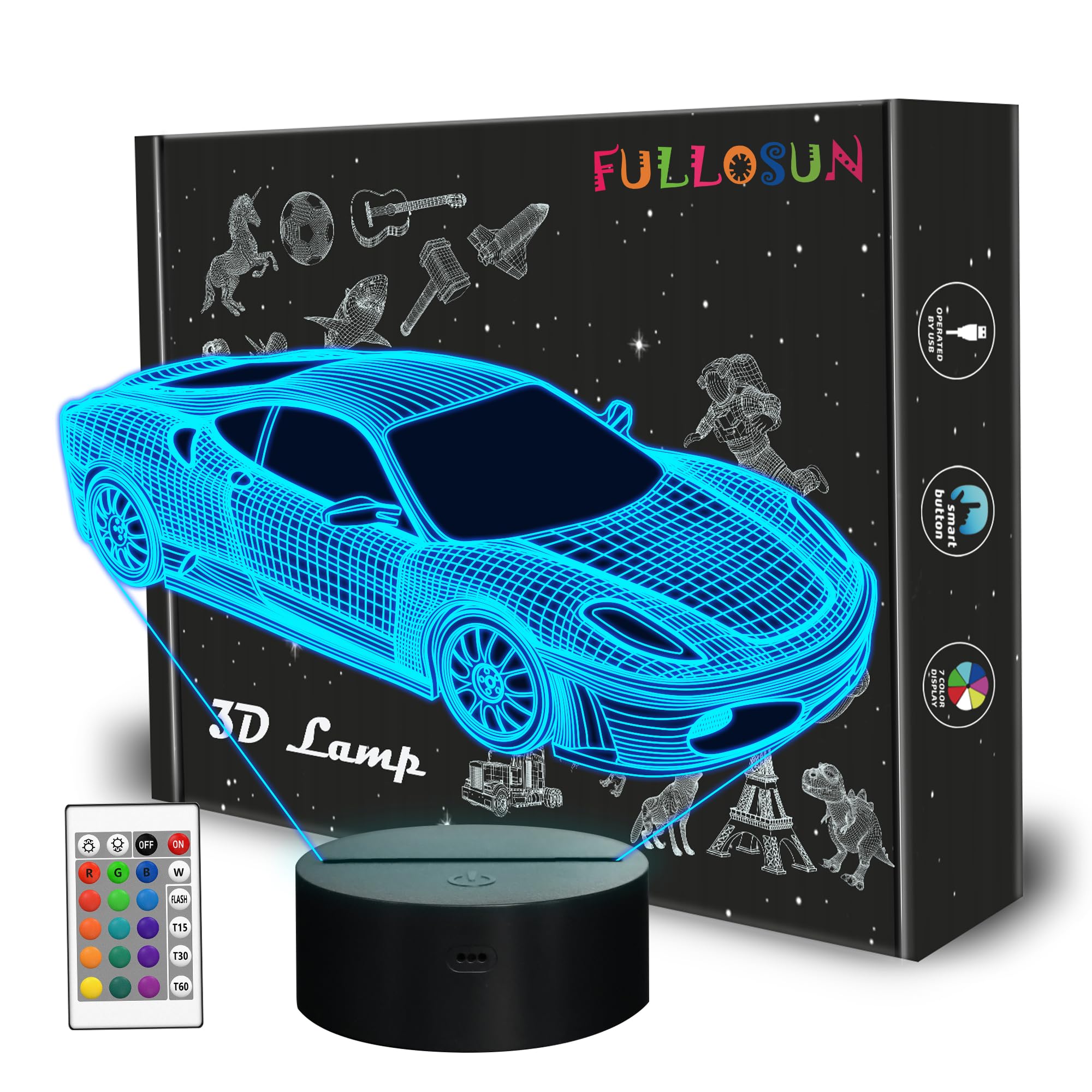 FULLOSUN Car 3D Night Light, Sport Racing Car Illusion Lamp with Remote Control 16 Colors Changing, Holiday Xmas Birthday Gifts for Kids Child Teen Todder