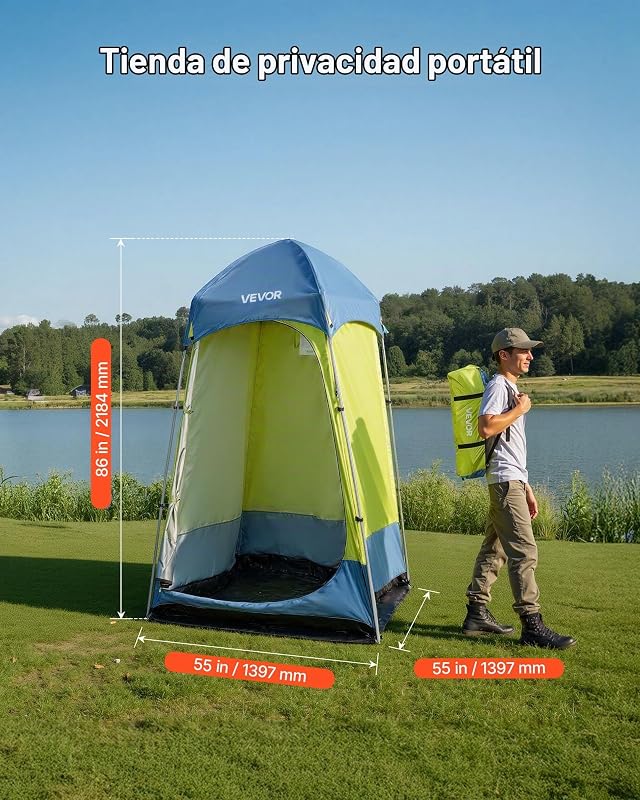 Tienda de Campaña de 1 Habitación, con Ducha y Baño, Piquetas, Cuerdas, Bolsa de Transporte y Poste de Acero, Tela Oxford 200D, para Camping, Playa y Pesca, Verde, 1397 x 1397 x 2184 mm