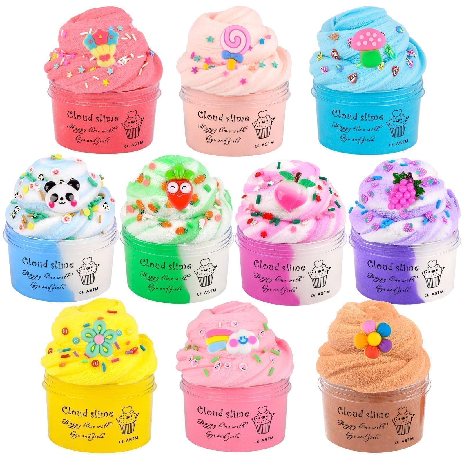 Photo 1 of ***7 PACK*** Cloud Slime Kit with Blue Cake Fruits Animals, and Pink Games Charms, Scented Butter Slime Supplies for Girls and Boys, Stress Relief Toy for Kids, Education Birthday Party Favor