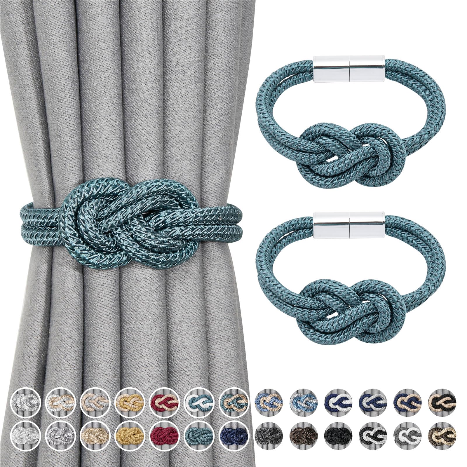 Pretty Jolly 2 Pack Mini Magnetic Curtain Tiebacks Nordic Simple Style Drape Tie Backs Elegant Hand Weave Rope Knot Decorative Curtain Holdbacks for Home & Office Window Drapery (Teal)