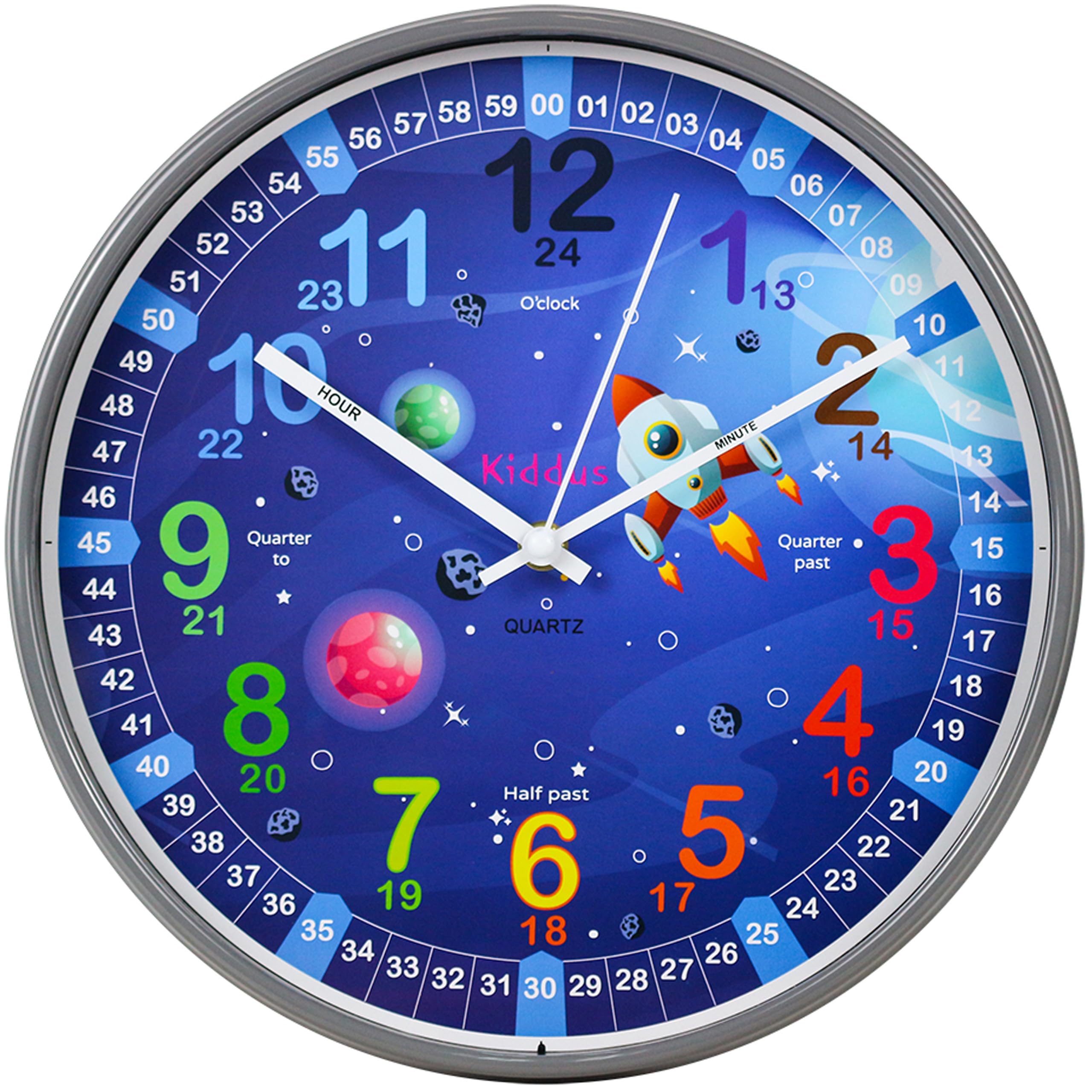 Kiddus Wall Clock for Boys and Girls. Silent Analogue Time Teacher with Exercises. Easy to Read and Learn the Time. 30cm diameter XL Galaxy