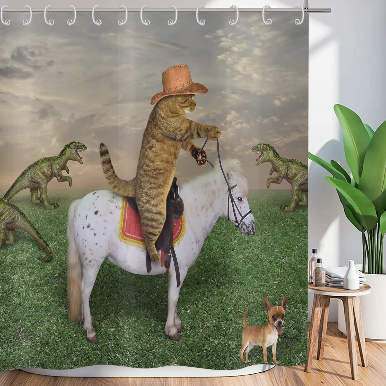 ASDCXZ Shower Curtain Funny 180x200 cm, West Cowboy Farm Funny Cat Ride Horse Washable Textile Bathroom Curtains Polyester Waterproof Shower Curtains for Bathtub with 12 Shower Curtain Hooks