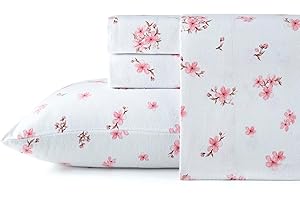 Pointehaven 180 GSM Brushed Cotton Sakura Printed Flannel Deep Pocket 3 pc Sheet Set, Twin